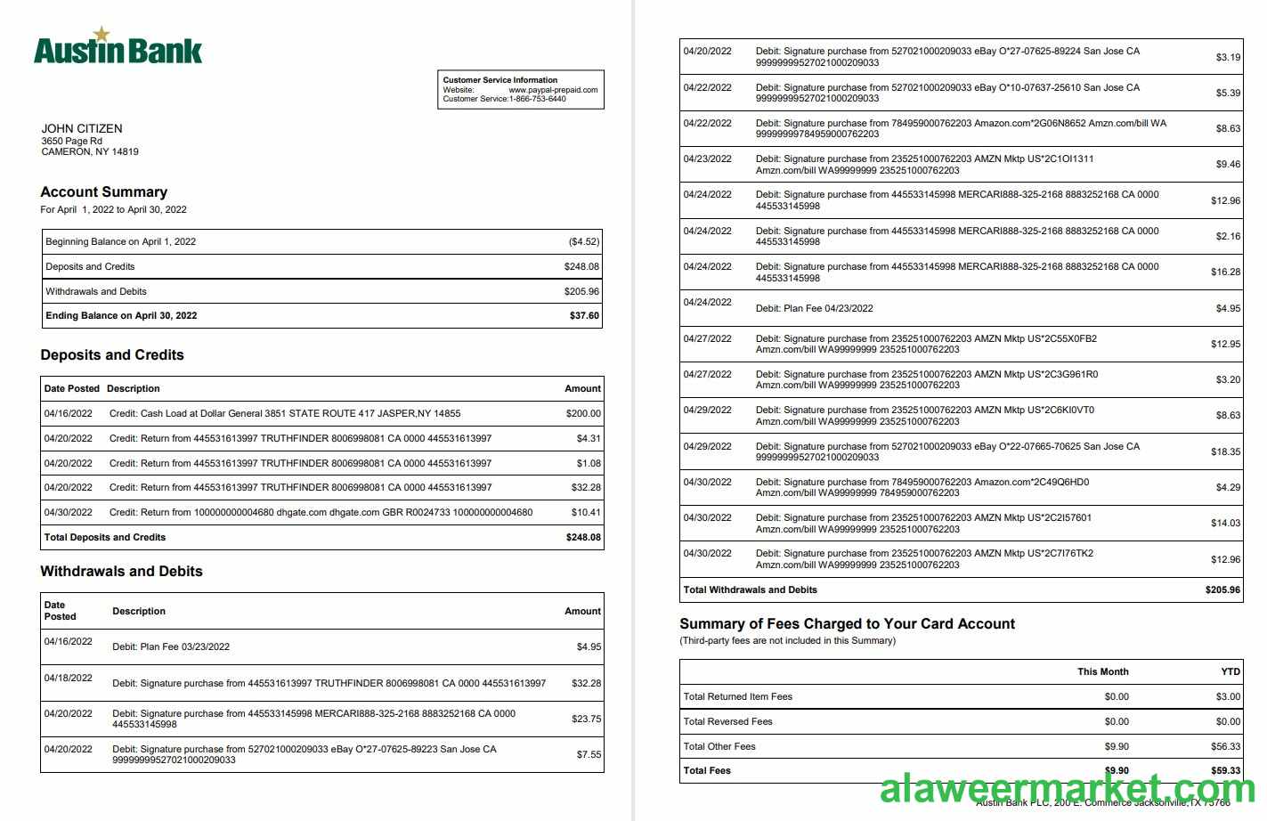 USA Austin Bank statement 2 pages